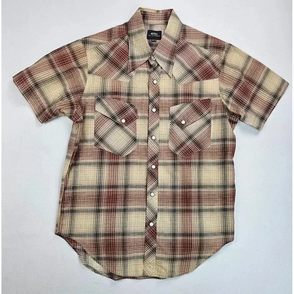 G-Star Size Small Men's Beige Tan Gray Burgundy Check Pearl Snap Western Shirt - Picture 1 of 11